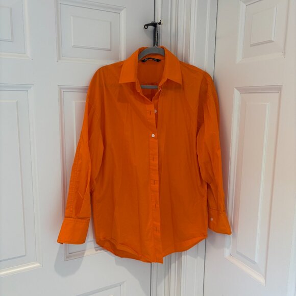 Zara Oversized Orange Poplin Button-down - Picture 2 of 4